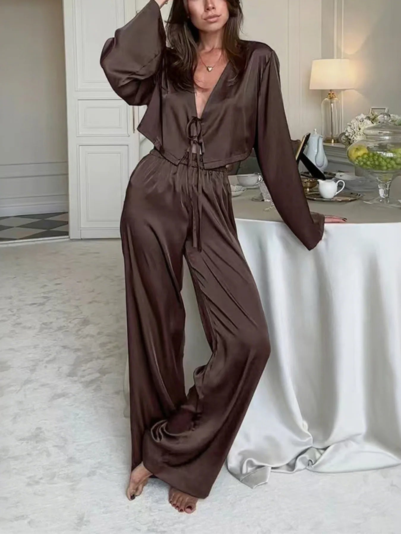 Women's Outfit Set Tie-Front Crop Top and Pants Coffee Brown eafa7f657f7f460096943e3713f84ab5-Max-Origin Trendsi