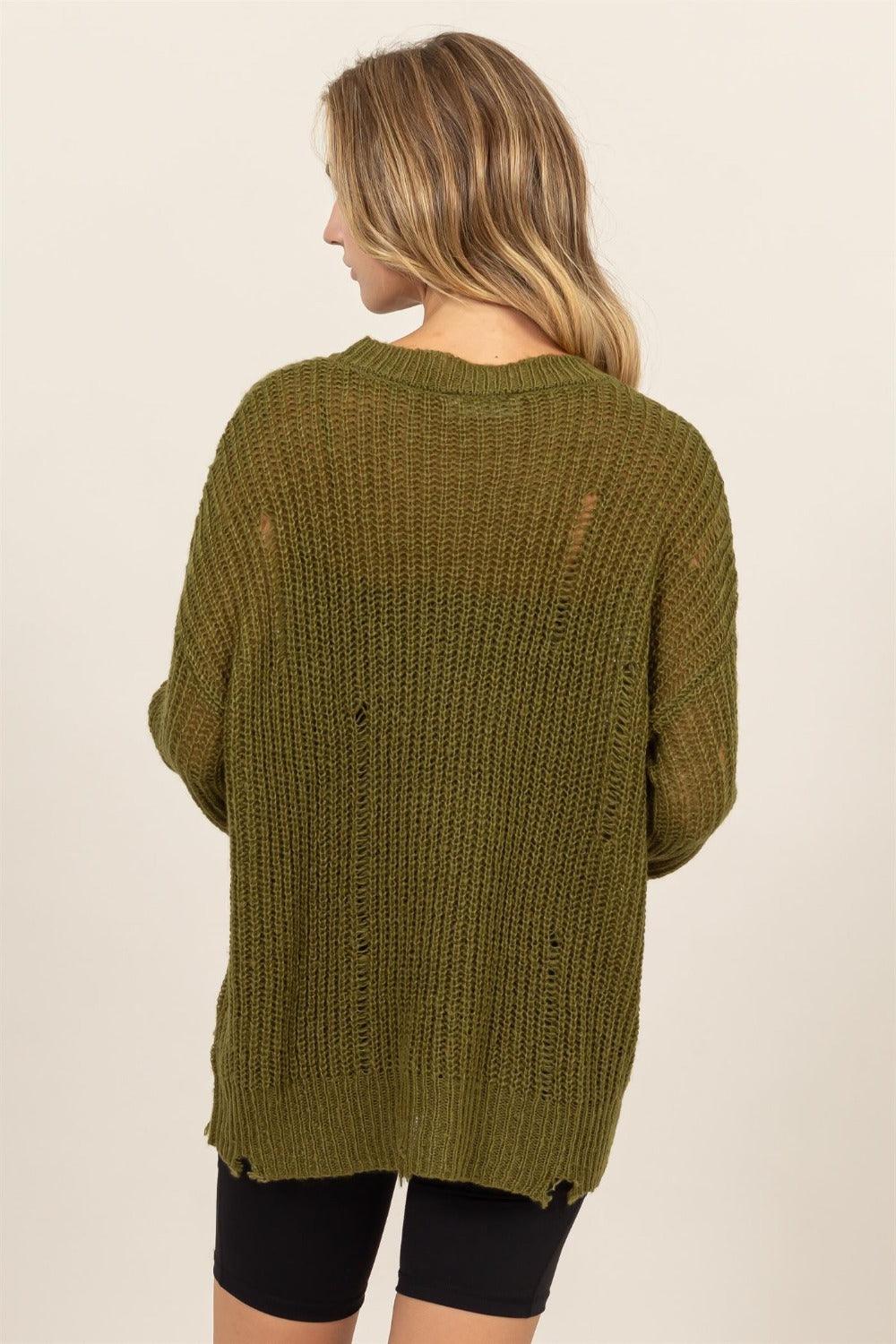 Knit Top US HYFVE Olive Green Distressed Long Sleeve Sweater