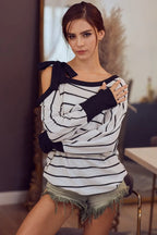 BiBi Blouse Stripe Yarn Dye Waffle One Shoulder Ribbon Detail Top eafd205c55de4f41b539b32cc92e5a14-Max-Origin Trendsi