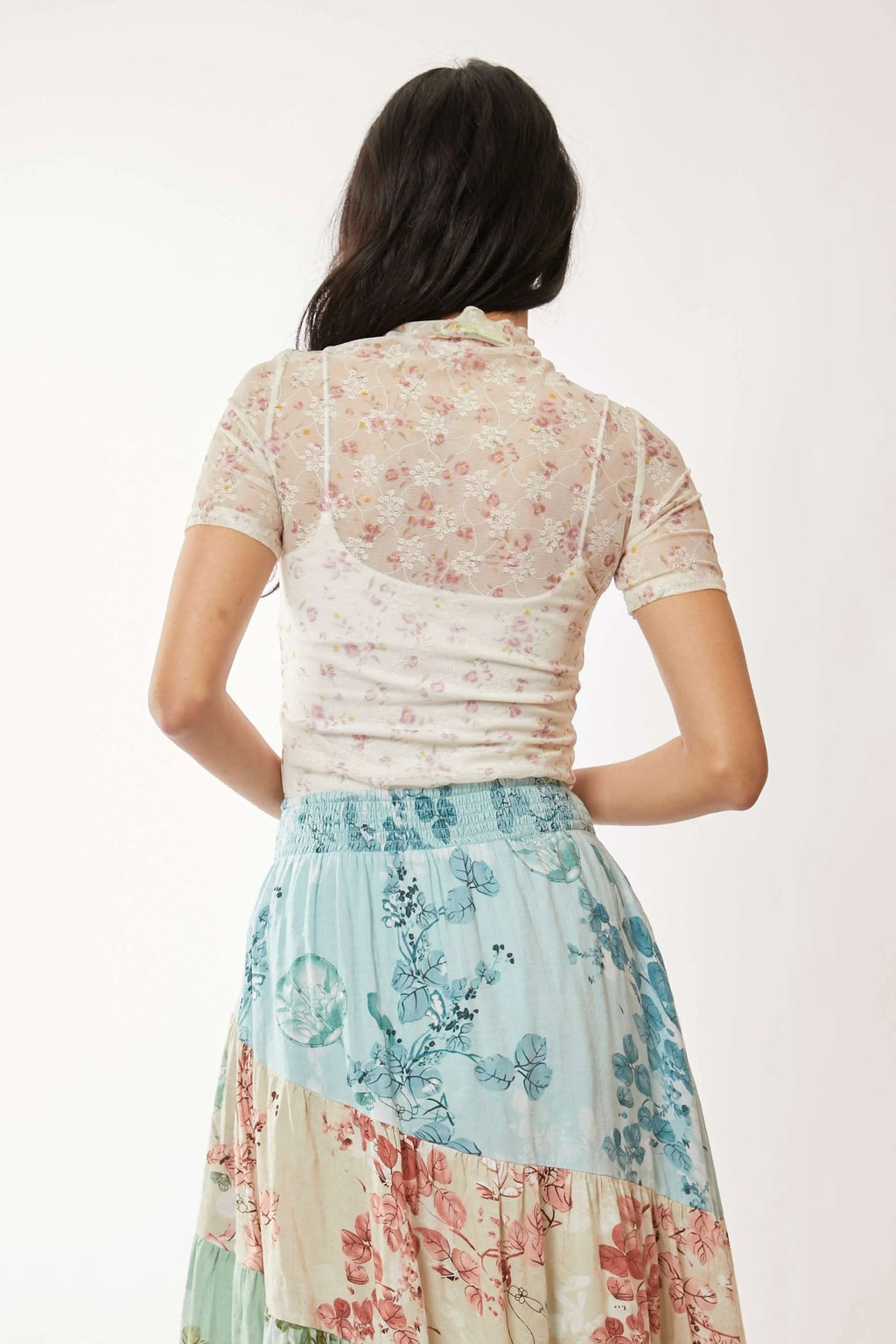 Davi & Dani Floral Mesh Top Women's Mock Neck Short Sleeve Blouse eb02effdce97489483b3c996e7de97a8-Max-Origin Trendsi