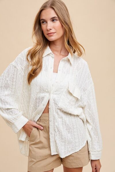 Annie Wear Ivory Shirt Openwork Button Down Drop Shoulder Ivory eb07baf7-4636-401a-b860-d9cfe56bcab4-Min Trendsi