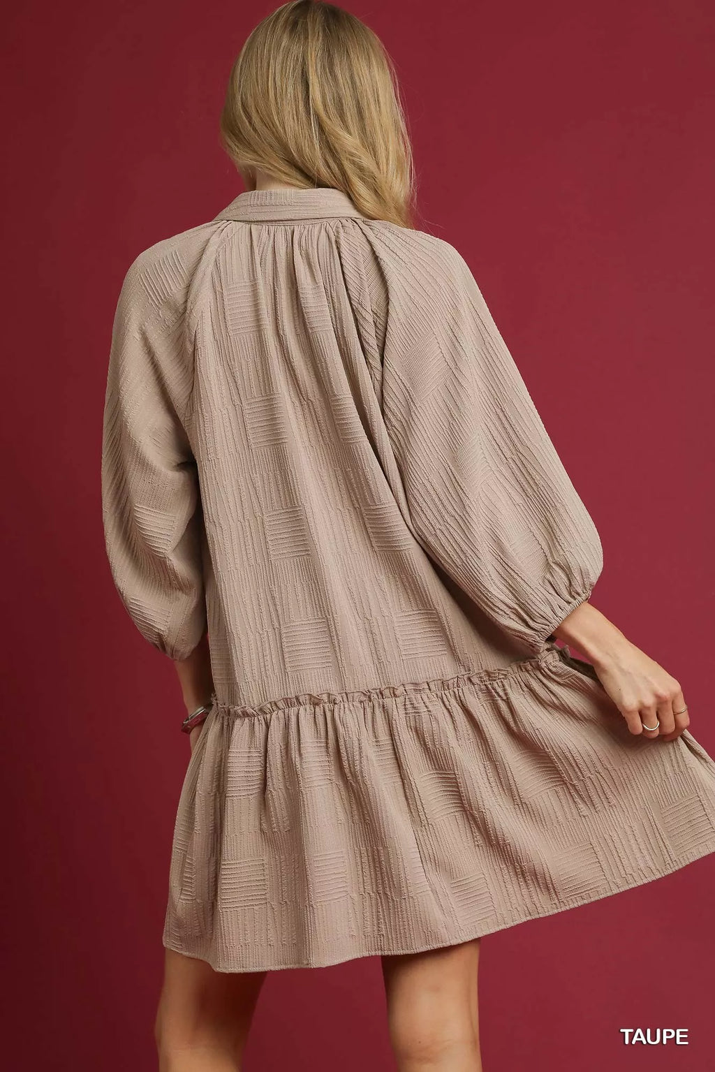 Umgee Mini Dress Taupe V-Neck Tiered Ruffled Long Sleeve eb0e3625-6caf-41eb-a496-1f83e4b12b3b-Max-Origin Trendsi