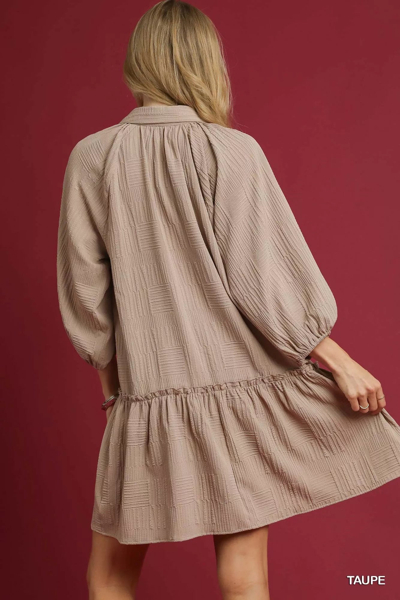 Umgee Mini Dress Taupe V-Neck Tiered Ruffled Long Sleeve eb0e3625-6caf-41eb-a496-1f83e4b12b3b-Max-Origin Trendsi