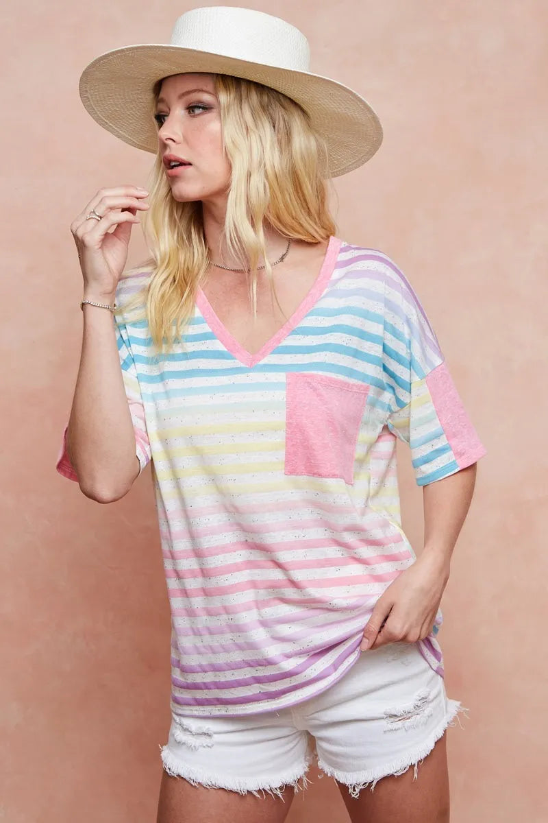 BiBi Cotton T-shirt Rainbow Stripe Printed Triblend Knit Short Sleeve Top eb21ac3f7bfe46c7ab51d3f24a36f11b-Max-Origin Trendsi