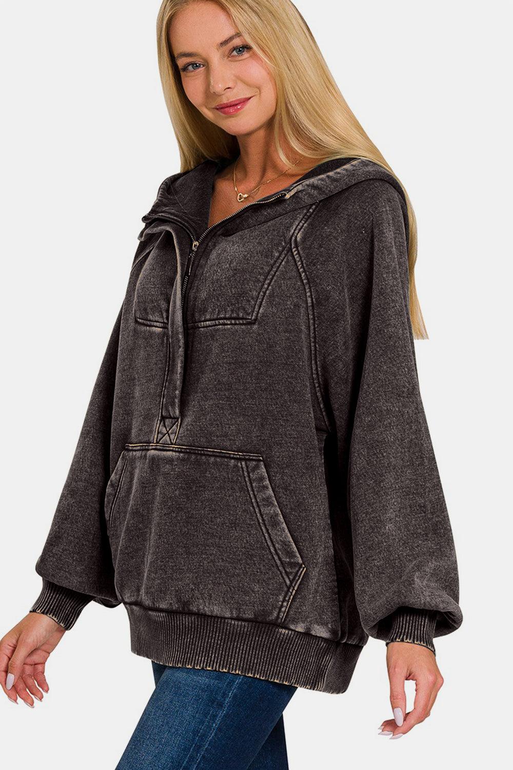 Zenana Hoodie Acid Wash Ash Black Fleece Kangaroo Pocketed