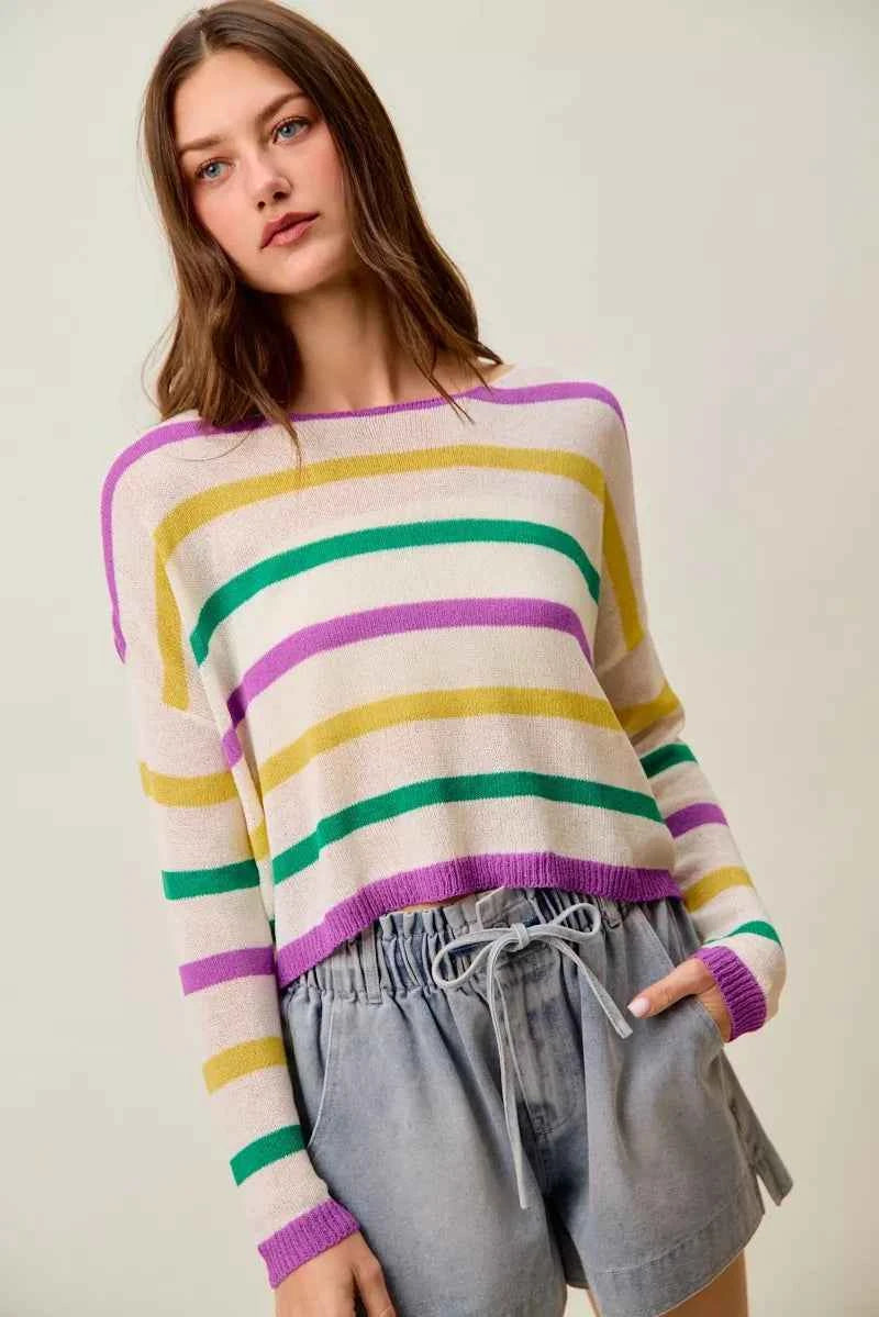 SO ME Mardi Gras Color Stripe Lightweight Sweater Top