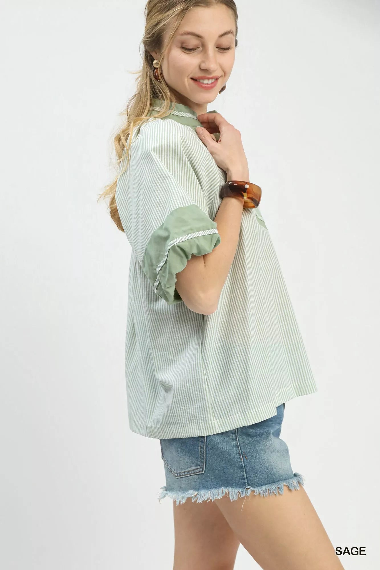Umgee Blouse Striped Sage Green Mixed Puff Short Sleeve Top eb2944d2-2c36-4ed6-b03a-547502fd2c82-Max-Origin Trendsi
