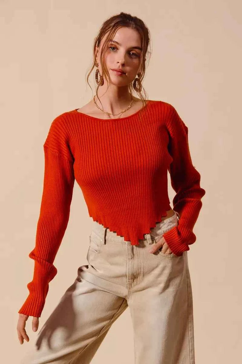 SO ME Women Rib Knitted Crop Sweater Top Red With Shaped Hem Long Sleeve RUST eb2b58c2-1389-456f-b406-3b92d3929c73-Max-Origin Trendsi