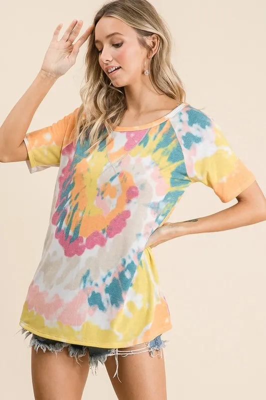 BiBi Tie Dye Print Short Sleeve T-Shirt with Raglan Sleeves eb2b8e871130483b991751d8b52ee6c5-Max-Origin Trendsi