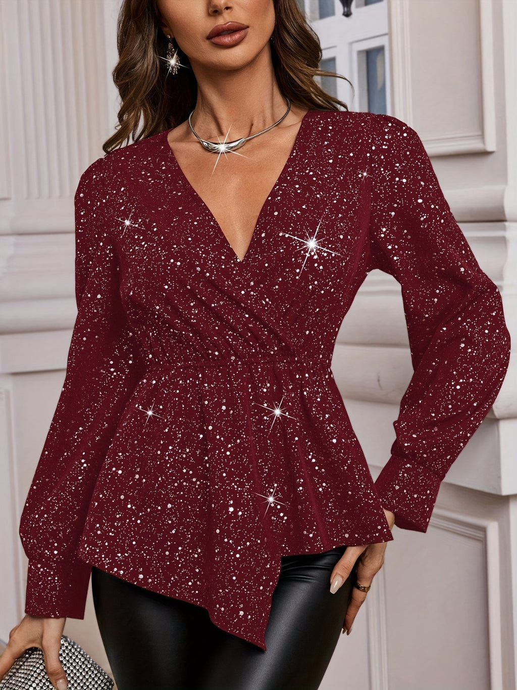 Glitter Blouse Women Asymmetrical Hem Surplice V Neck Long Sleeve Tops Burgundy eb2d85ba-721b-45c1-a862-76b687ff98d3-Max Trendsi
