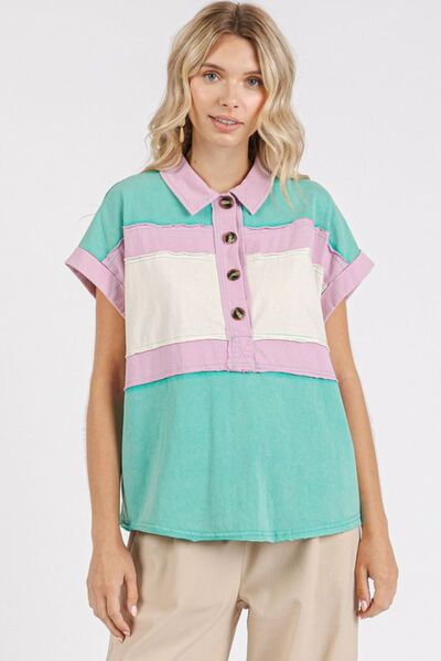 Mittoshop Polo Shirt Color Block Henley Short Sleeve Seafoam Cotton Top eb3a8c29-4065-4dae-bd4f-3c65f397640a-Min Trendsi