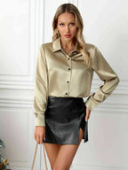 Golden Satin Women Shirt Blouse Collared Long Sleeve Single Breasted Top eb3d18cc-a38d-481a-932e-b3cd45b21fce-Max Trendsi