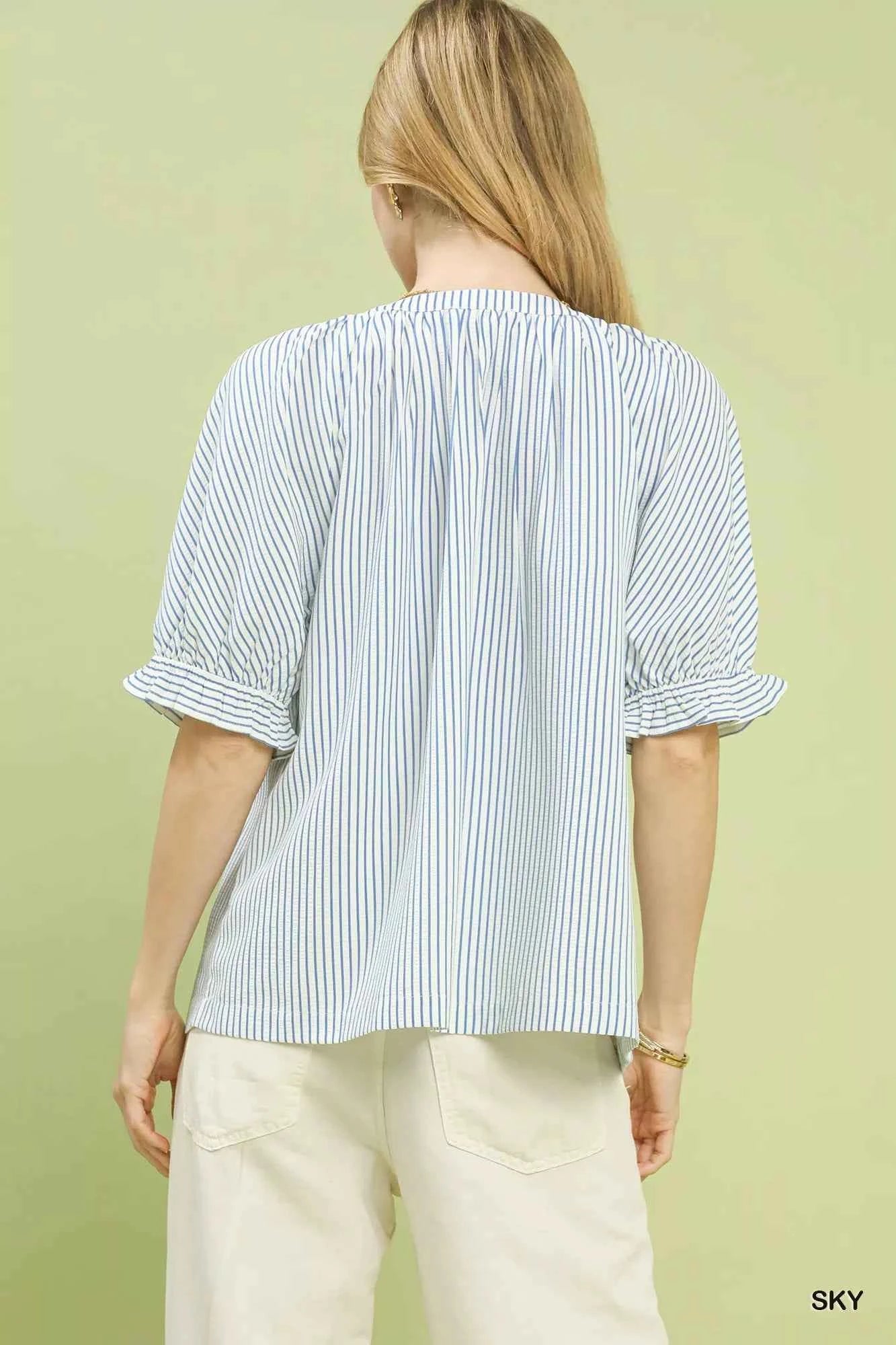 Umgee Blouse Sky Blue Stripe V-Neck Ruffled Short Sleeve Top eb40f05c-849d-4e49-a887-5982d4dcfcfa-Max-Origin Trendsi