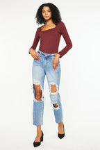 Kancan Boyfriend Jeans Women's High Rise Distressed Cotton Denim Pants eb4404e4f4c949cd9426ebb0019e6c0b-Max-Origin Trendsi