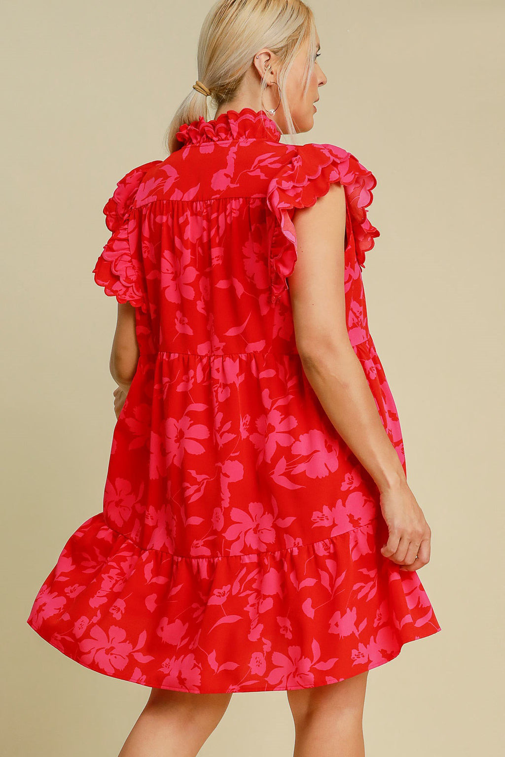 Umgee Red Floral Mini Dress Ruffle Cap Short Sleeve Tiered Dress Plus Size eb4a3050-102d-4828-8f91-b2cc0bae3995-Max Trendsi
