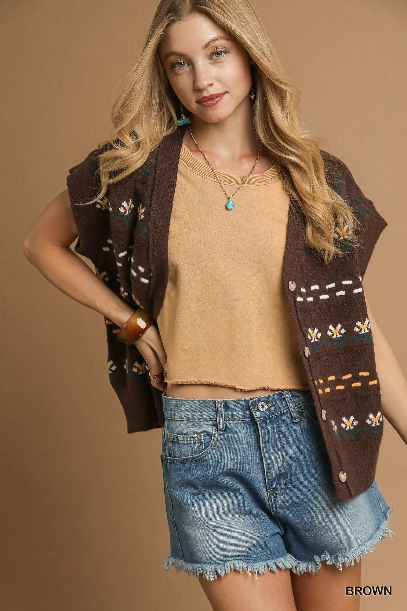 Umgee Womens Sweater Vest Brown Knit with Floral Pattern eb540d6e-2fa0-4010-8f31-e7603bde0949-Max-Origin Trendsi