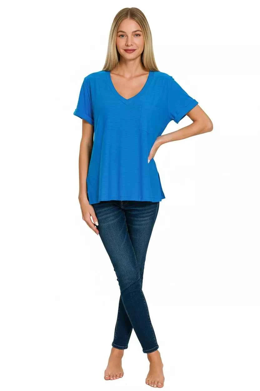 Zenana Women T-shirt Ocean Blue Slub Rolled Short Sleeve V-Neck Top Tee eb55f2f4-dac6-4c60-b921-ab81203d4a4b-Max-Origin Trendsi