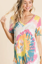 BiBi Circular Tie Dye Print Womens Blouse V Neck Top Short Sleeves eb5fcae4ec8543c4b9d6f4df8eb08eaa-Max-Origin Trendsi