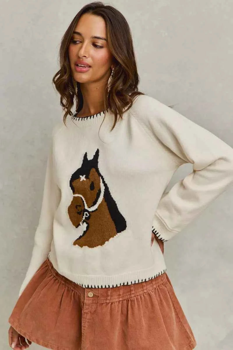 SO ME Horse Sweater Top Ivory Knit with Blanket Stitch Long Sleeve eb6c5d1c138d4bf4ae63e831efc7a883-Max-Origin Trendsi