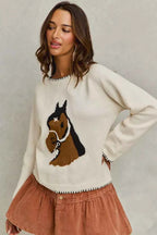 SO ME Horse Sweater Top Ivory Knit with Blanket Stitch Long Sleeve eb6c5d1c138d4bf4ae63e831efc7a883-Max-Origin Trendsi