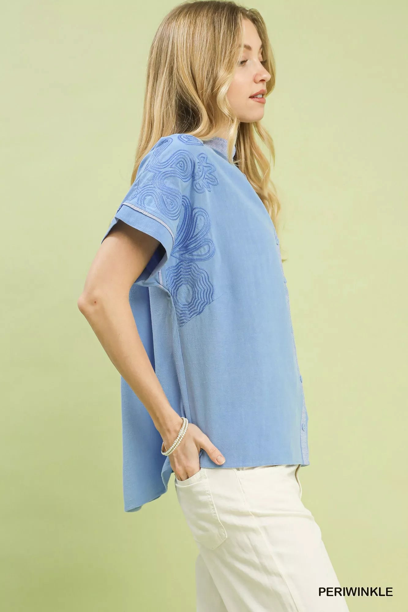 Umgee Blouse Embroidered Button Front Light Blue Short Sleeve Top eb7290d8-6fc2-44b0-8c3f-52b49b366f20-Max-Origin Trendsi