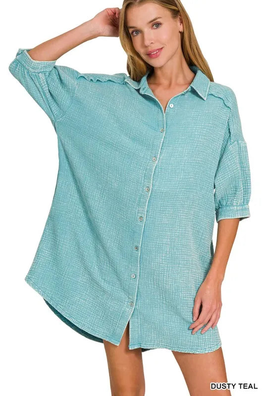 Zenana Shirt Dress Dusty Teal Cotton Washed Double Gauze Oversized Pocketed DUSTY TEAL eb7460122c1543439c5cd32271befcfa-Max-Origin Trendsi