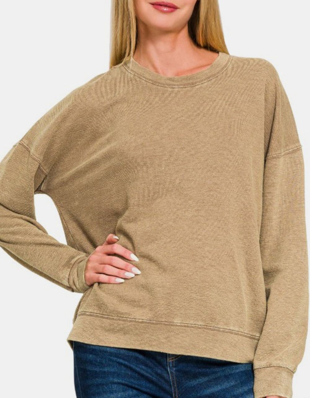 Zenana Women Sweatshirt Camel Washed Round Neck Solid Long Sleeve