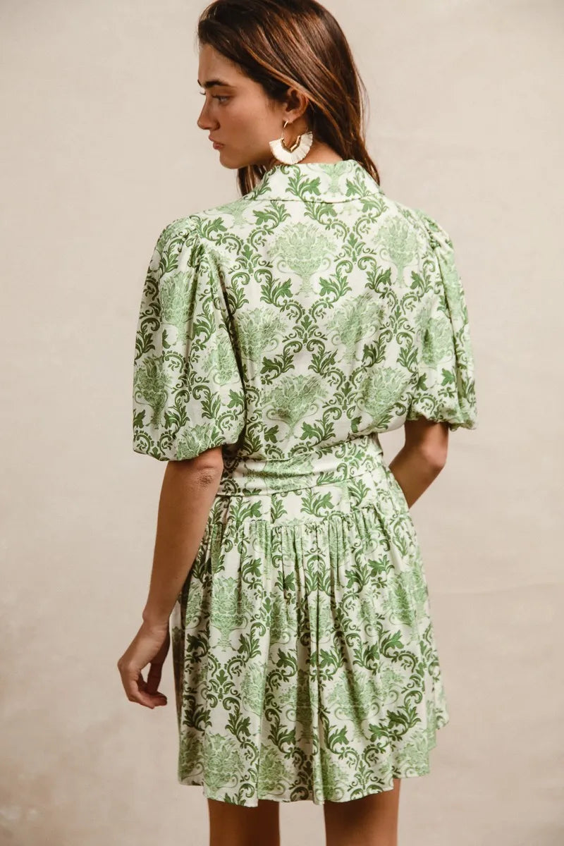BiBi Mini Shirt Dress Green Cream Floral Bow Tied Belt Short Sleeve eb768e377f714f4281bdd8ac4a7349d3-Max-Origin Trendsi