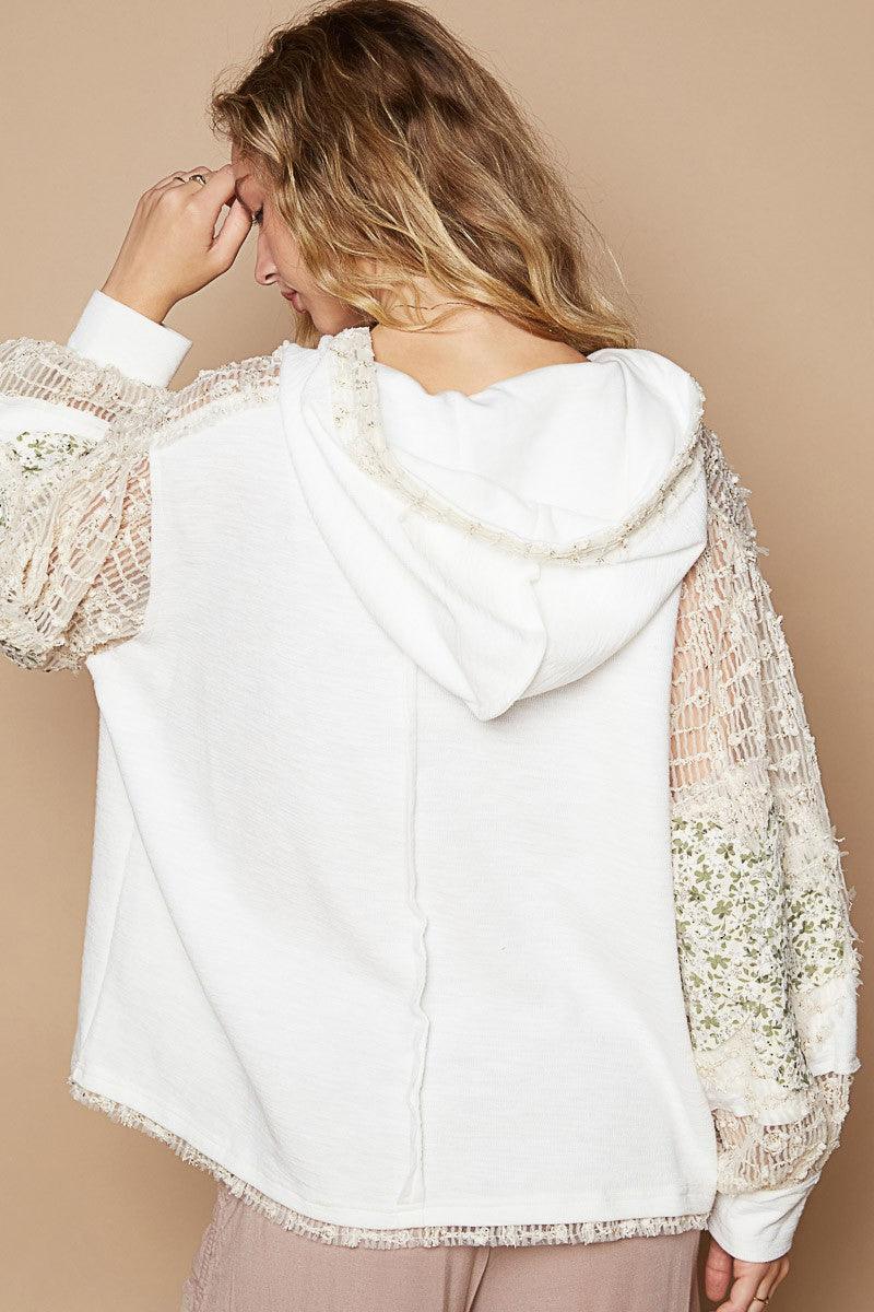 POL Ivory Blouse Star Patch Lace Contrast Long Sleeve Hooded Top