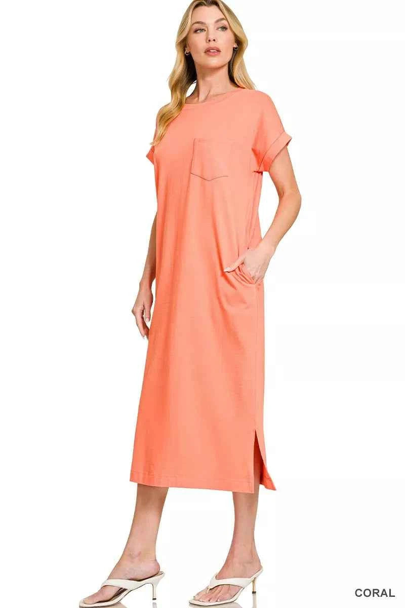 Zenana Midi Dress Coral Round Neck Short Sleeve with Pockets eb8b90f1819545bd958bc5beb7f793f3-Max-Origin Trendsi