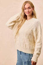 BiBi Womens Sweater Checker Ivory Board Drop Shoulder Knit Pullover eb92895980f54ed5b90111291852a3bc-Max-Origin Trendsi