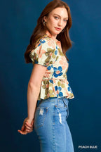 Umgee Cropped Blouse Peach Blue Floral Print Puff Sleeve Buttoned Top ebaa0df9-f417-42d1-a489-29f536b35d4e-Max-Origin Trendsi