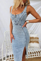 Denim Mini Dress Slim Bodycon Zipper Side Slit Washed Scoop Neck Light Blue ebaa238d-d937-4788-aa93-fac9fe6cef76-Max Trendsi