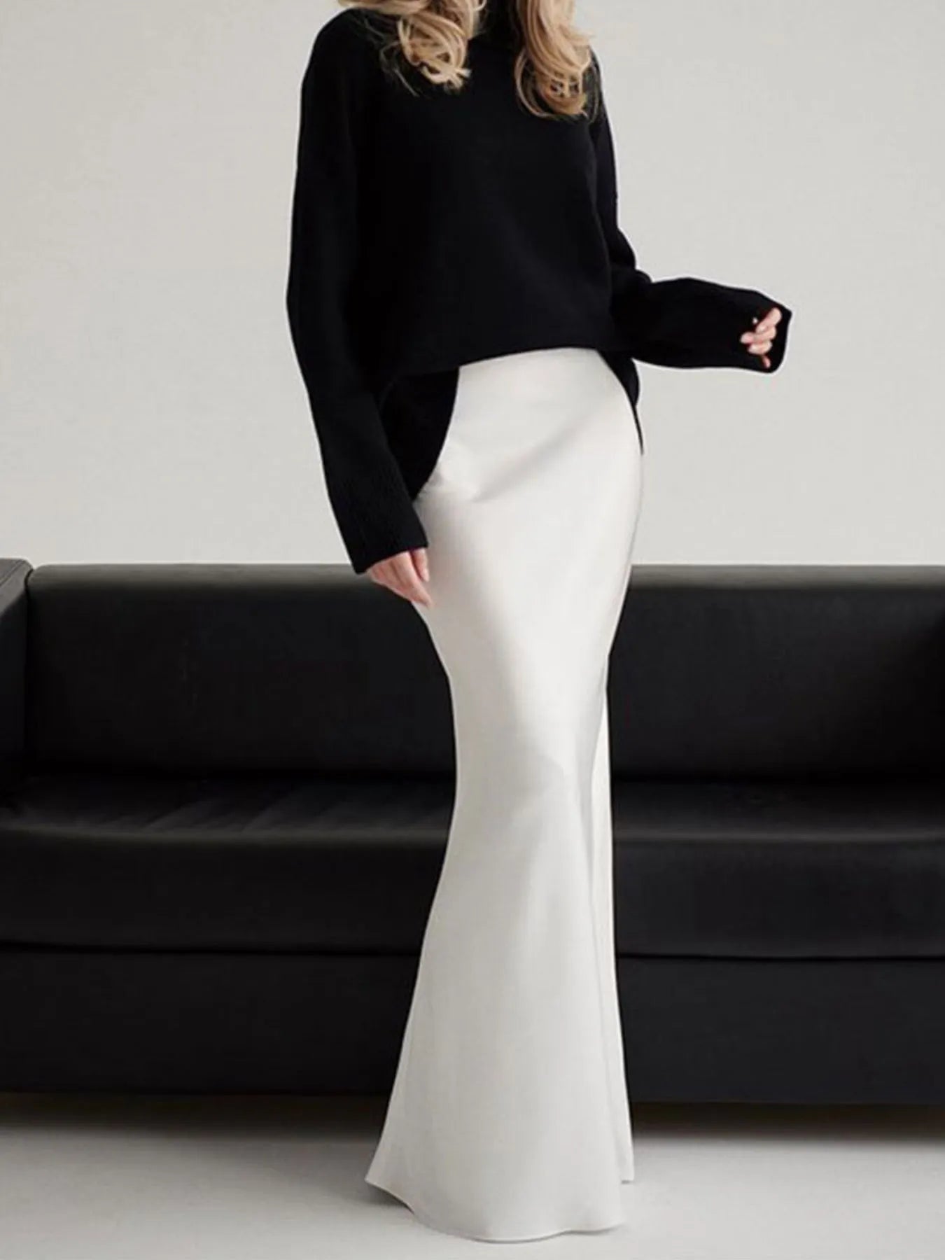 Satin Maxi Skirt High-Waisted Back Zip Black White Solid Basic Style White ebbae2f1-7819-4f52-9aad-8d11ed04cef8-Max-Origin Trendsi