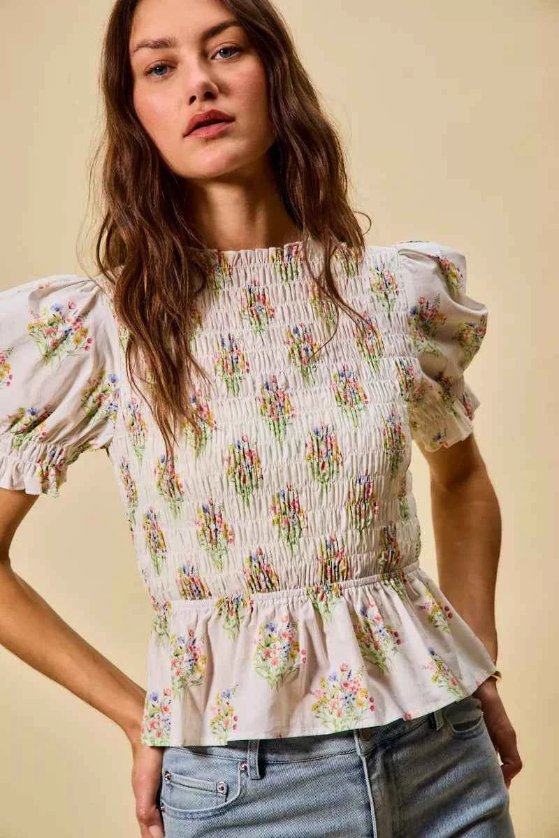 SO ME Floral Cotton Smocked Short Sleeves Blouse