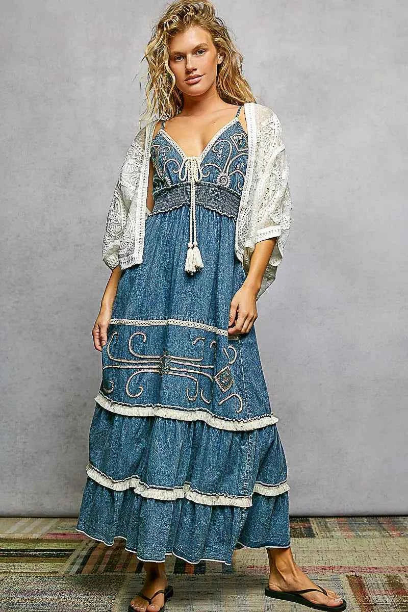 POL Open Front Crochet Cardigan with Floral Embroidery