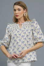 Umgee Blouse Royal Blue Bow Print Smocked Neck Notched Ruffled Top Royal Blue ebcda201-0c24-49d3-84c7-251611c1fdb6-Max-Origin Trendsi