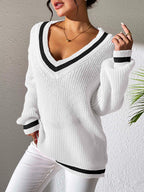 Sweater Knit V-Neck Contrast Stripe Trim Long Sleeve Knitwear ebd340c6-e341-4add-9bff-32445dd840d8-Max Trendsi