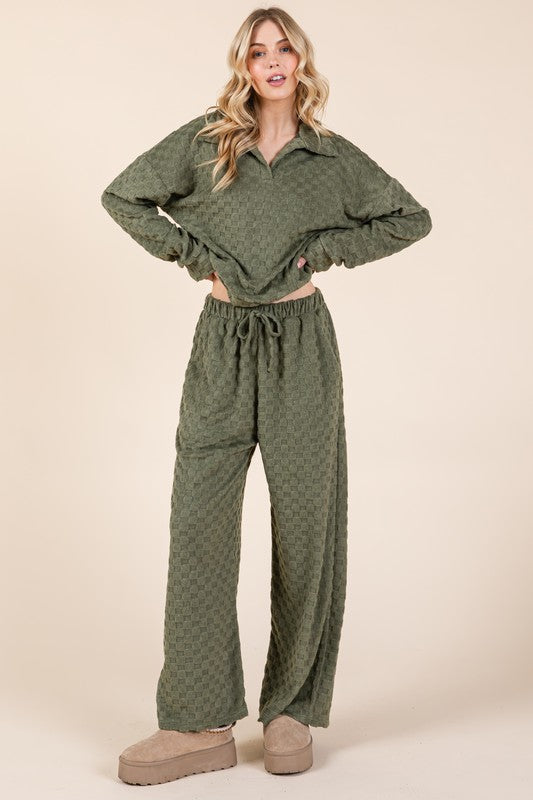 BOMBOM Women Outfit Set Textured Top Tied Checkered Wide Leg Pants