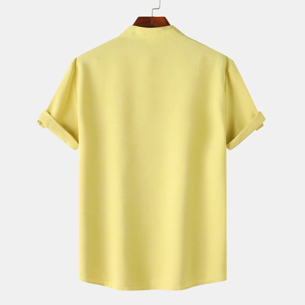 Men's Cotton Shirt Yellow Button Detail Short Sleeve Blouse Top ebe14ac27eb24891ae6b4b11ea8b1d38-Max-Origin Trendsi