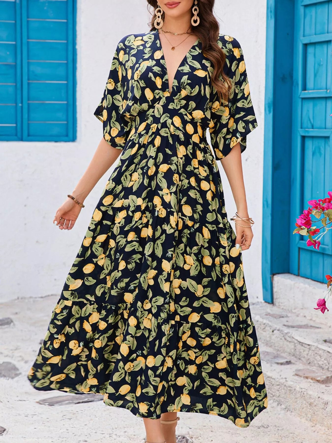 Printed V-Neck Ruffle Hem Flowy Midi Dress