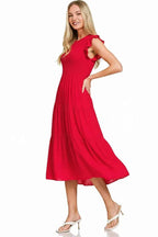 Zenana Red Midi Dress Woven Smocked Ruffle Short Sleeve ebe90d20-b728-42a4-b3db-2d7725a52c05-Max-Origin Trendsi