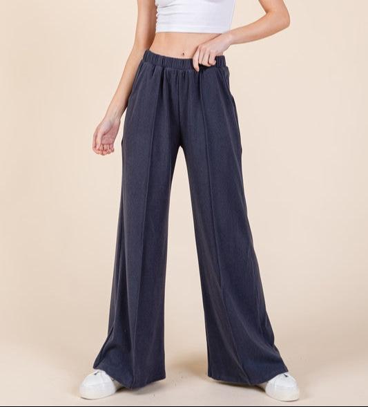 BOMBOM USA Pants Navy Wide Leg Women Elastic Waist with Pockets