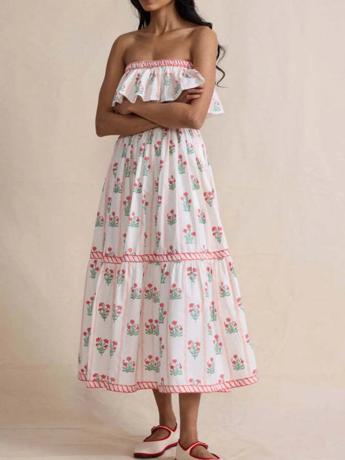 Midi Dress White Floral Strapless Ruffle Off Shoulder ebf1398c-997d-415b-8fa8-e236439a8a11-Max-Origin Trendsi