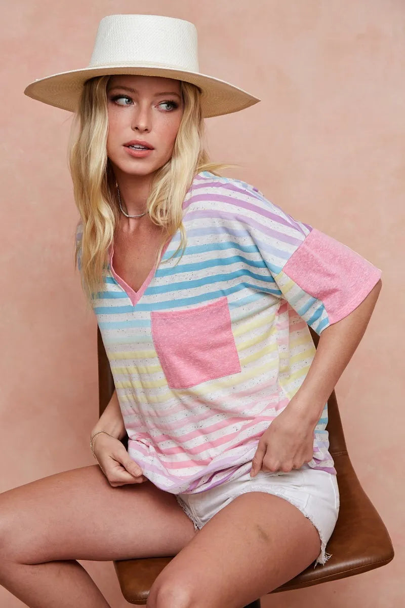 BiBi Cotton T-shirt Rainbow Stripe Printed Triblend Knit Short Sleeve Top ebf13a1970fc4c10a8865dac678de0e3-Max-Origin Trendsi