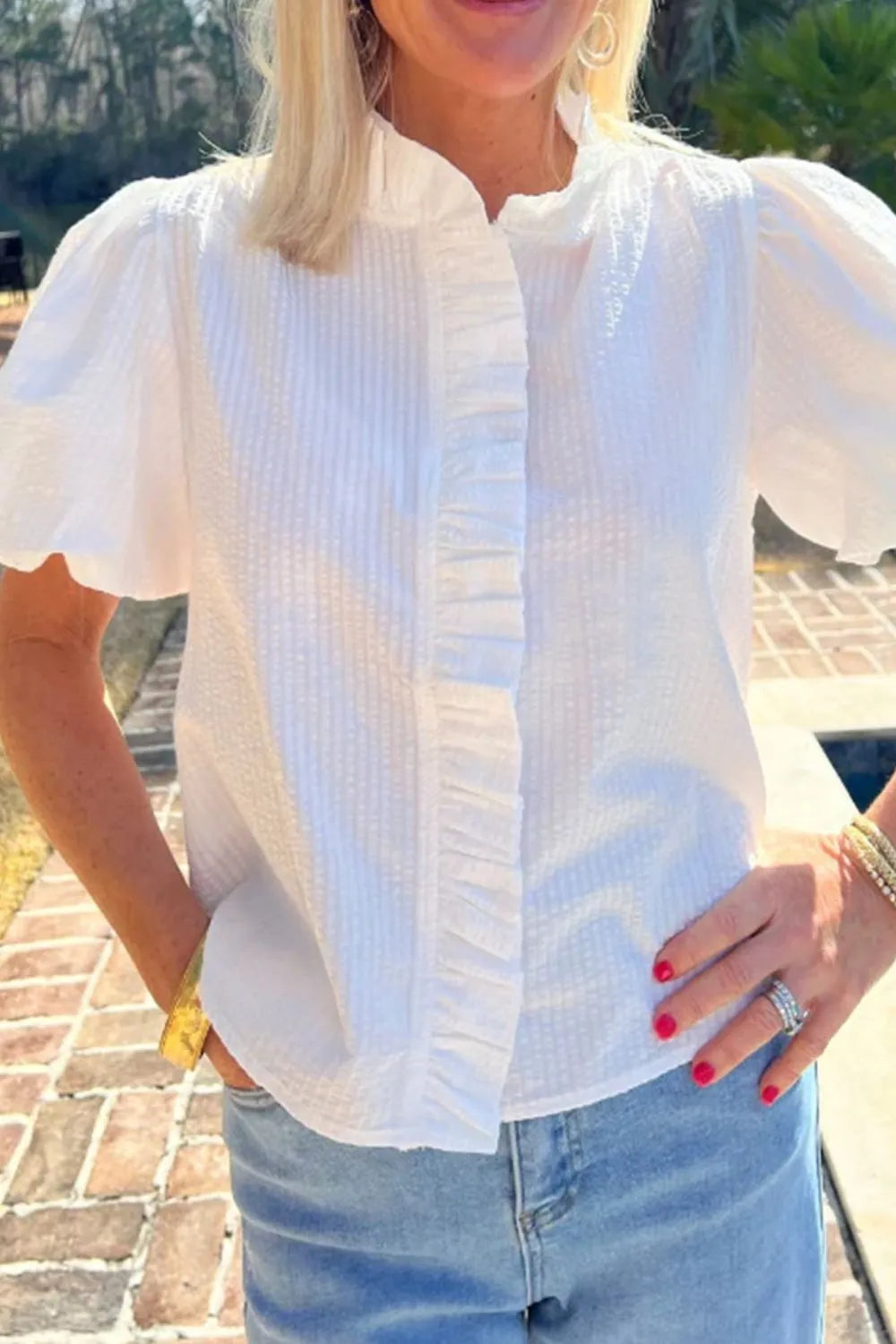 Women's Shirt Striped Ruffle Short Bubble Sleeve Mock Neck ebf9c6bb-2eaa-4d22-8417-30dc4d8926e3-Max-Origin Trendsi