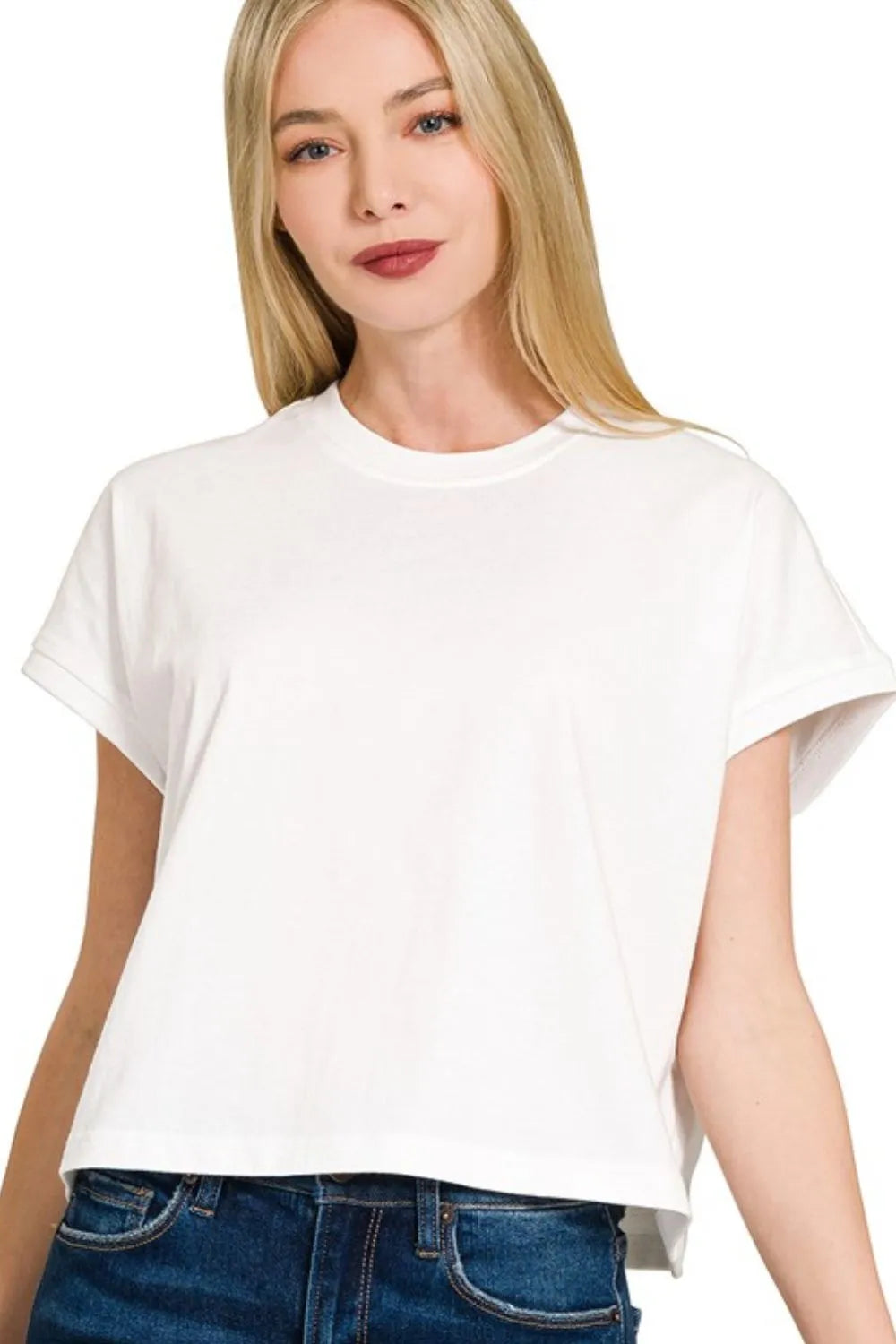 Zenana Premium T-shirt Cotton White Relaxed Crop Tee WHITE ebfd3c21-54ac-4748-ae3b-2cf305207b93-Max-Origin Trendsi