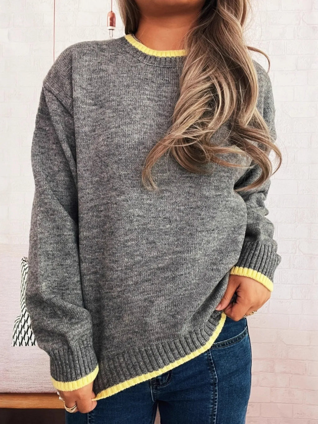 Women's Sweater Knit Ribbed Contrast Trim Long Sleeve Pullover Yellow One Size ebfd7fa7aa2d4b25a29afd89bd441fba-Max-Origin Trendsi