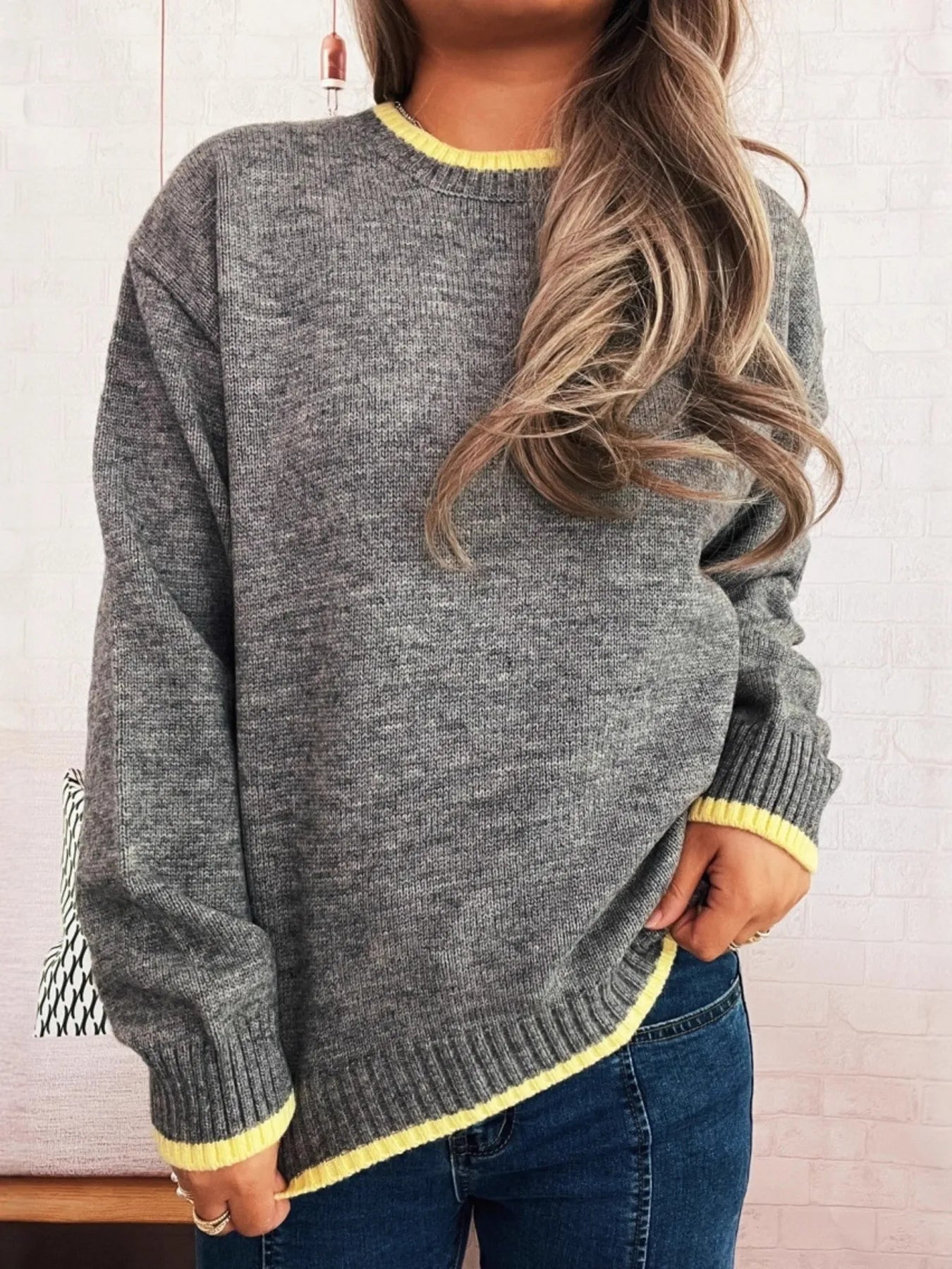 Women's Sweater Knit Ribbed Contrast Trim Long Sleeve Pullover Yellow One Size ebfd7fa7aa2d4b25a29afd89bd441fba-Max-Origin Trendsi