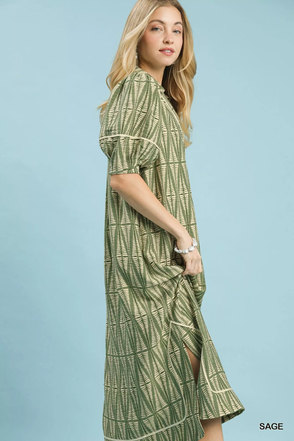 Umgee Midi DressvGeometric Print Sage Green Short Ballon Sleeve with Pockets ebfef331-51b0-4b34-b511-28062b584877-Max-Origin Trendsi